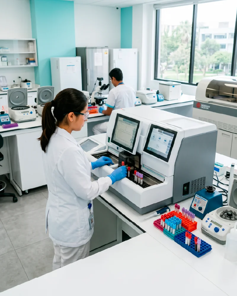 Estudiante operando un analizador automatizado en el laboratorio de análisis clínicos