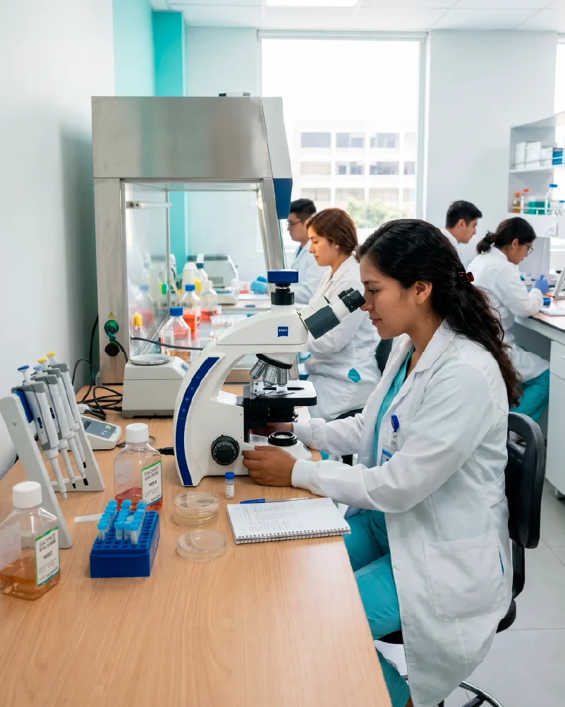 Investigadora observando por un microscopio en el centro de investigación