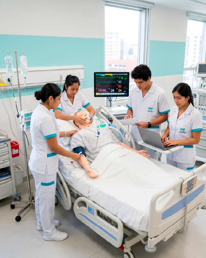 Estudiantes de salud atendiendo a un paciente simulado en una sala de simulación clínica