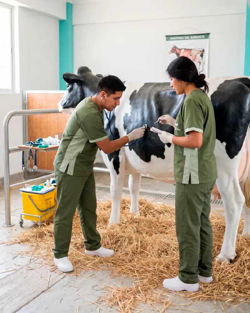 Estudiantes de Medicina Veterinaria examinando un modelo de vaca en la hacienda simulada