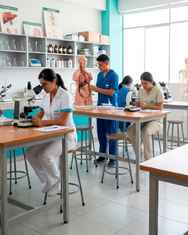 Estudiantes trabajando con microscopios y modelos anatómicos en un laboratorio especializado