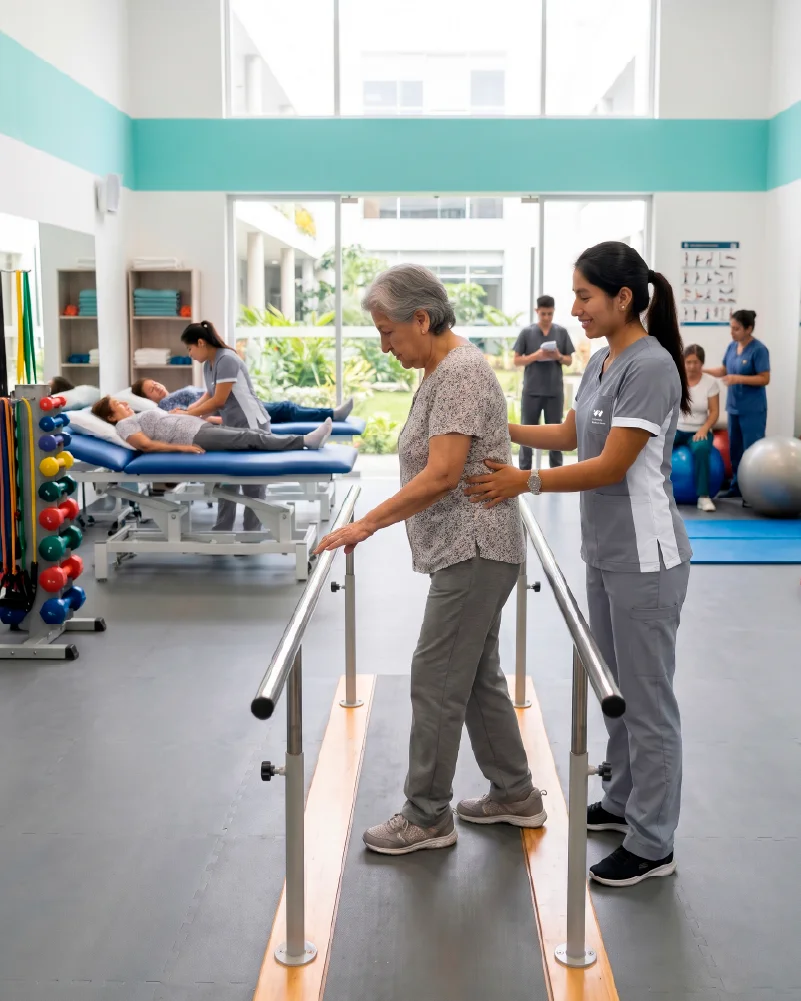 Estudiante de Terapia Física asistiendo a una paciente en barras paralelas de rehabilitación