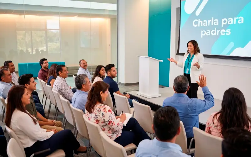 Padres de familia escuchando una charla informativa en un auditorio